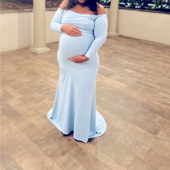 chinese dress ladies Mermaid Maternity Dresses for Photo Shoot Pregnant Women Pregnancy Dress Photography Props Sexy Off Shoulder Maxi Maternity Gown Mint Green / L